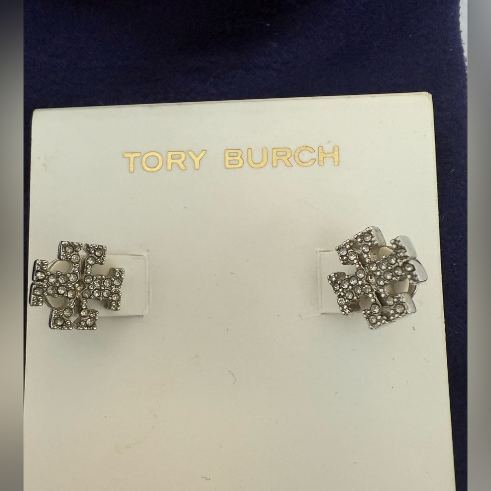 New Tory Burch Kira Pave Double T Silver Stud Earrings